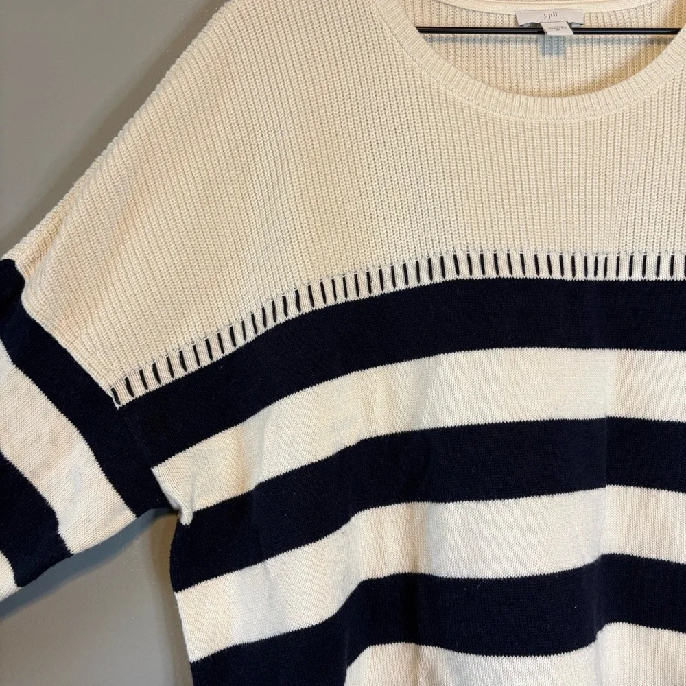 J Jill XL Knit Crew Neck Sweater White Navy Blue Stripe - Picture 2 of 5